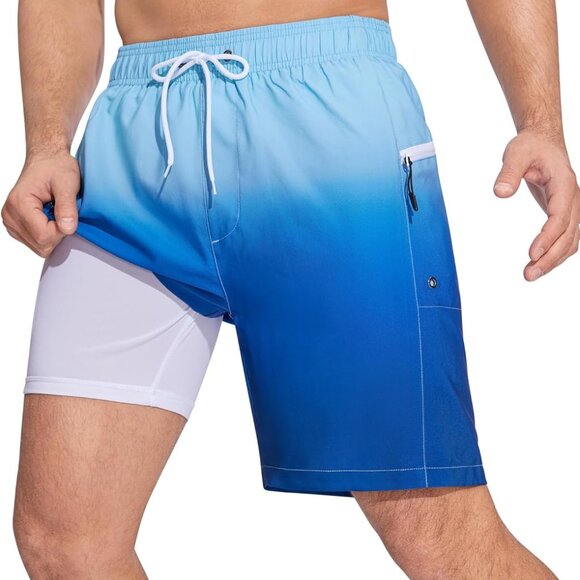 Men Swim Trunks Quick Dry Swimming Shorts 2 in 1 Bathing Suit with Zipper